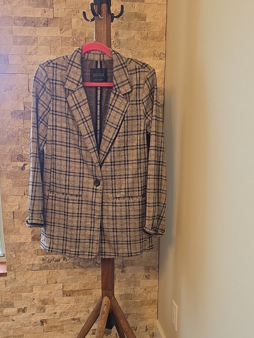 Sanctuary Plaid One-Button Blazer in Brown and Black